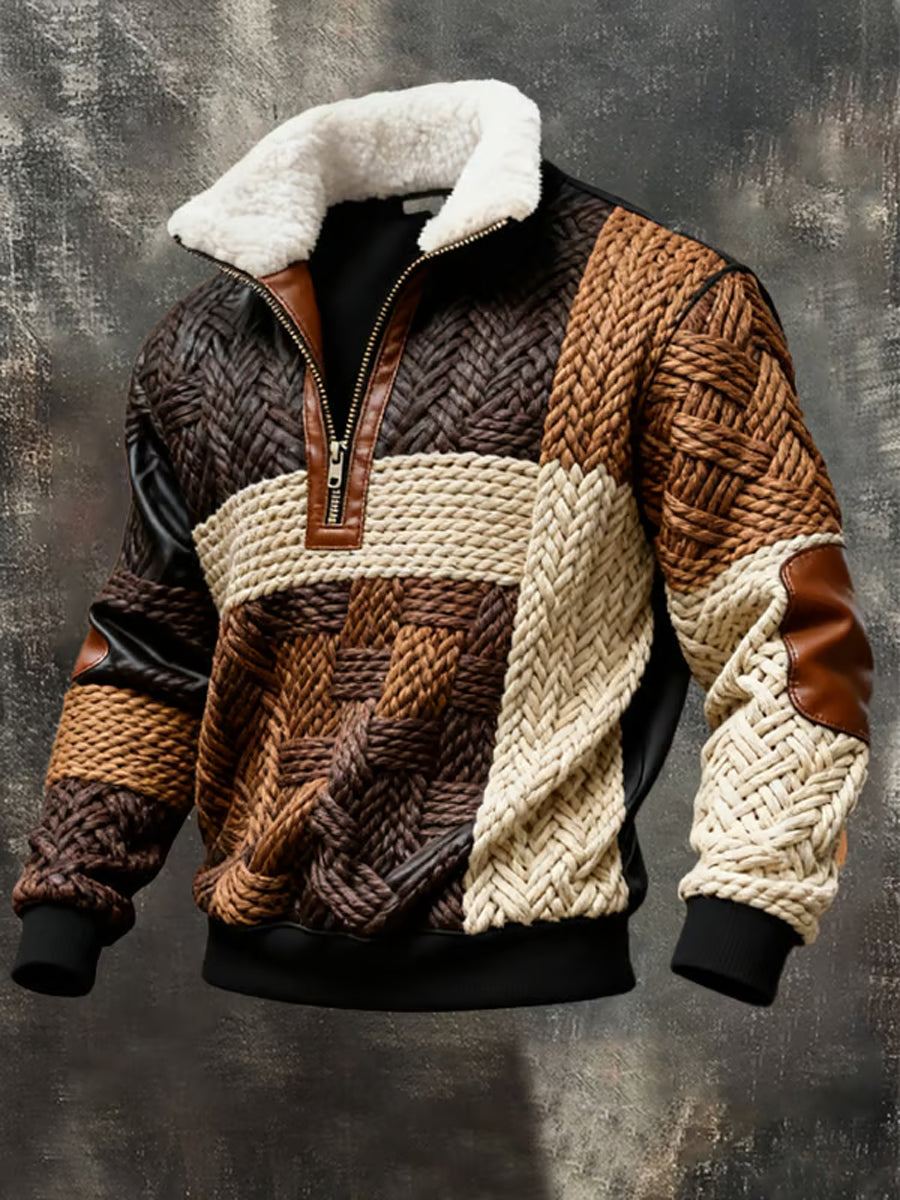 Men's Retro Color Block Print Casual Fur Collar Zip-up Hoodie