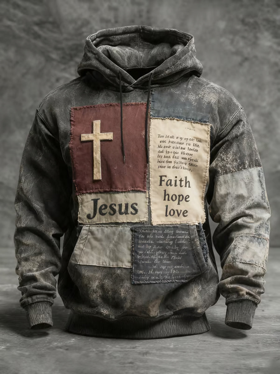Men's Retro Faith Cross Print Hoodie