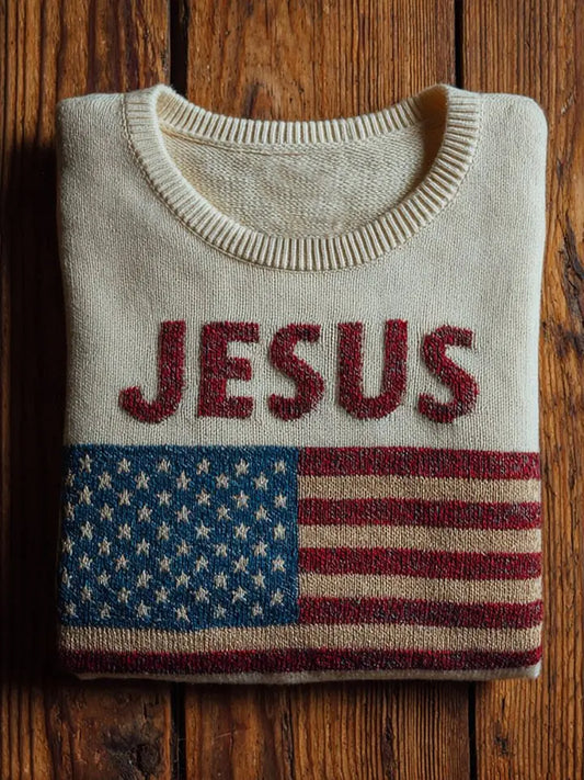 Men's Jesus America Flag Printed Sweater