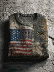 Men's Faith Cross America Flag Printed Sweater
