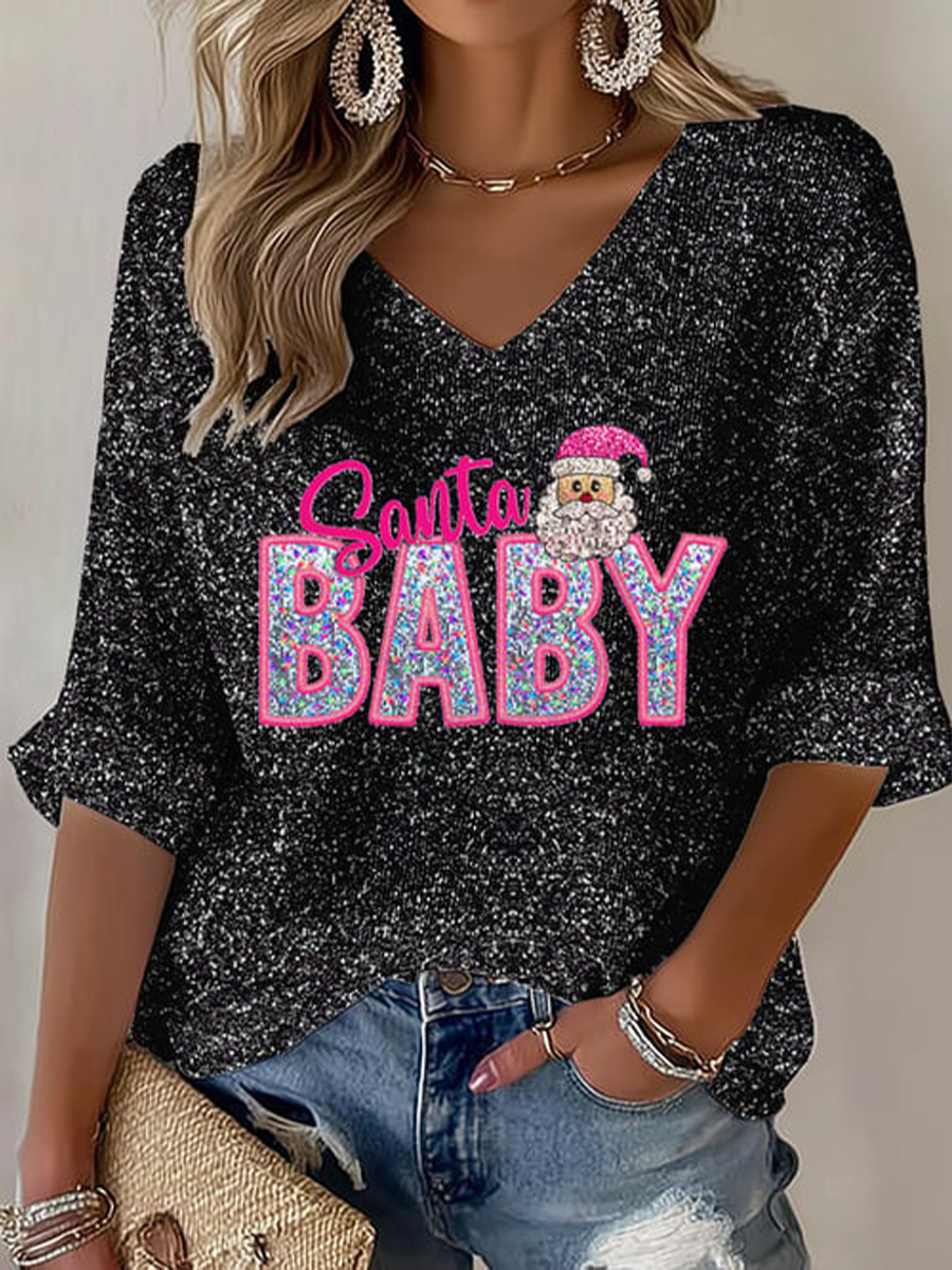 Women's Christmas Santa Baby Print Shirt