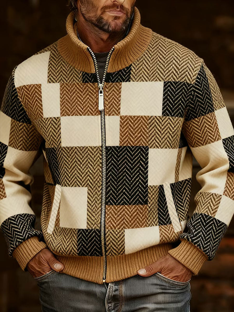 Men's Retro Casual Plaid Printed Fur Collar Zip-Up Jacket