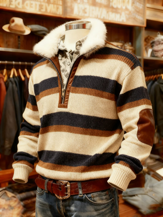 Men's Retro Plaid Print Casual Fur Collar Zipper Top
