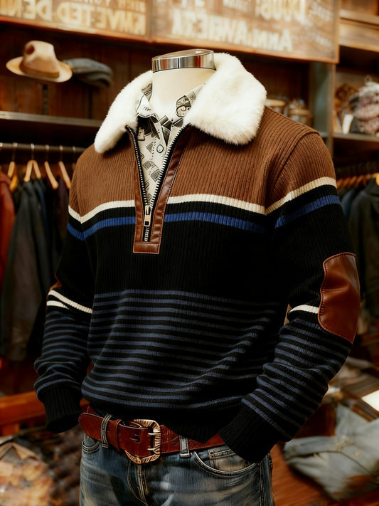 Men's Retro Plaid Print Casual Fur Collar Zipper Top