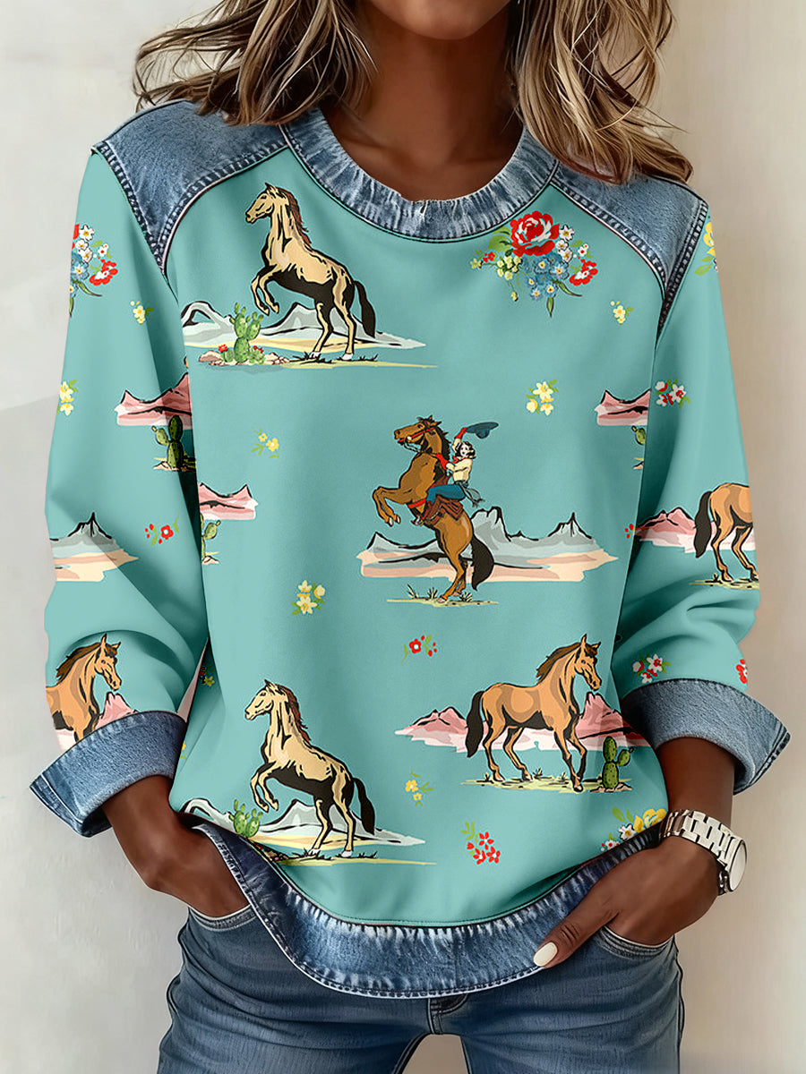Women's Western Horse Art Print Denim Patchwork Sweatshirt