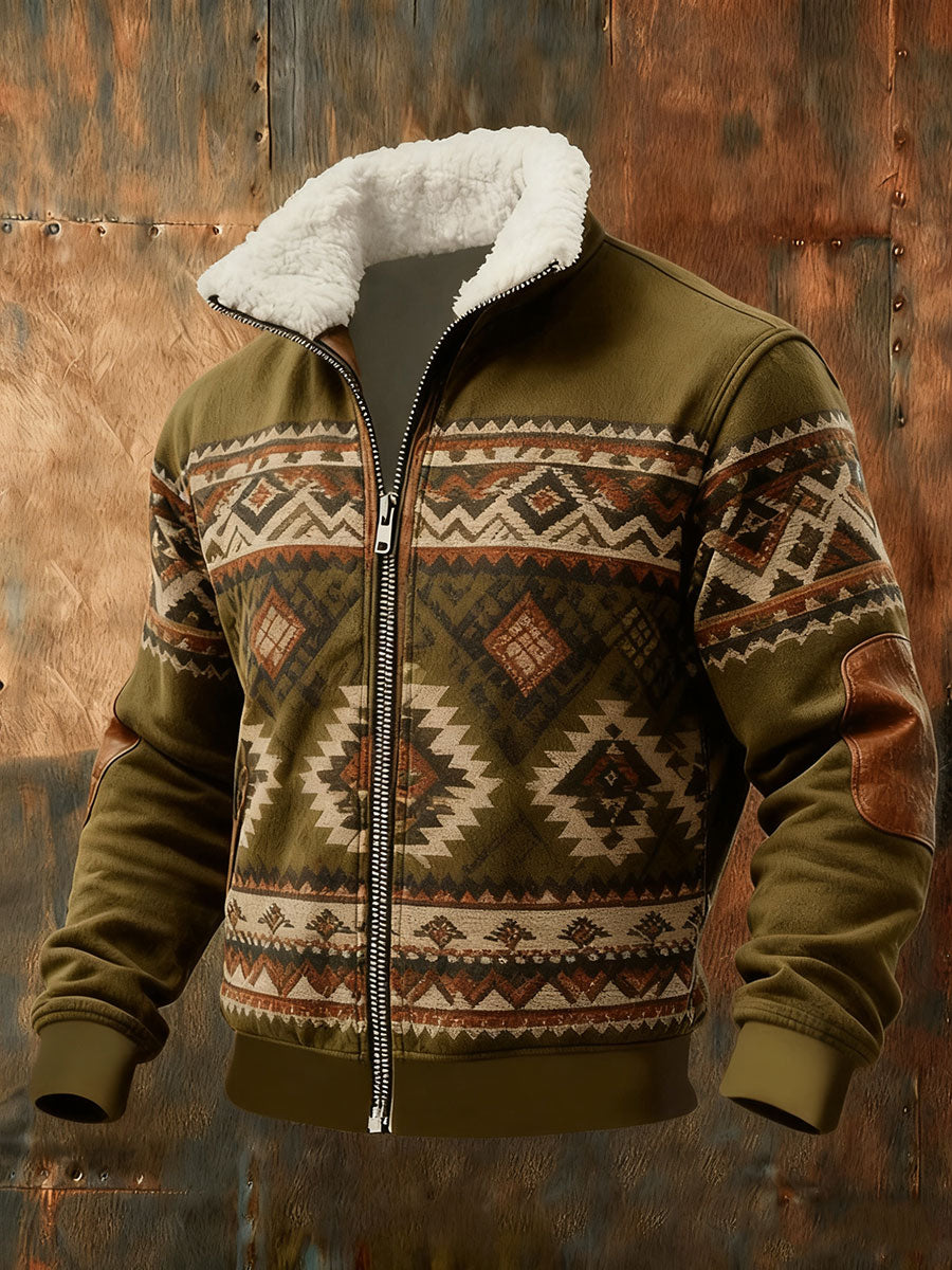 Men's Retro Western Fur Collar Zip-Up Jacket