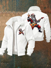 Men's Christmas Rock Santa Claus Print Fur Collar Zip-Up Jacket