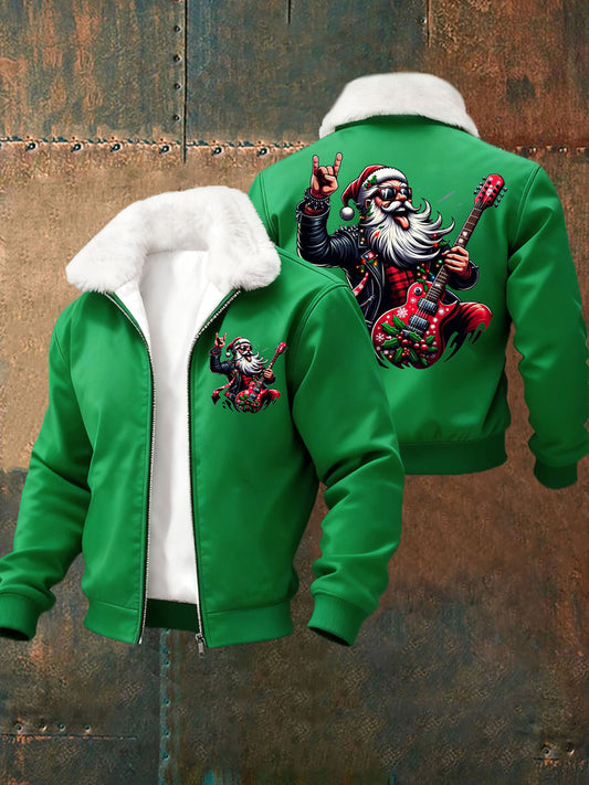 Men's Christmas Rock Santa Claus Print Fur Collar Zip-Up Jacket
