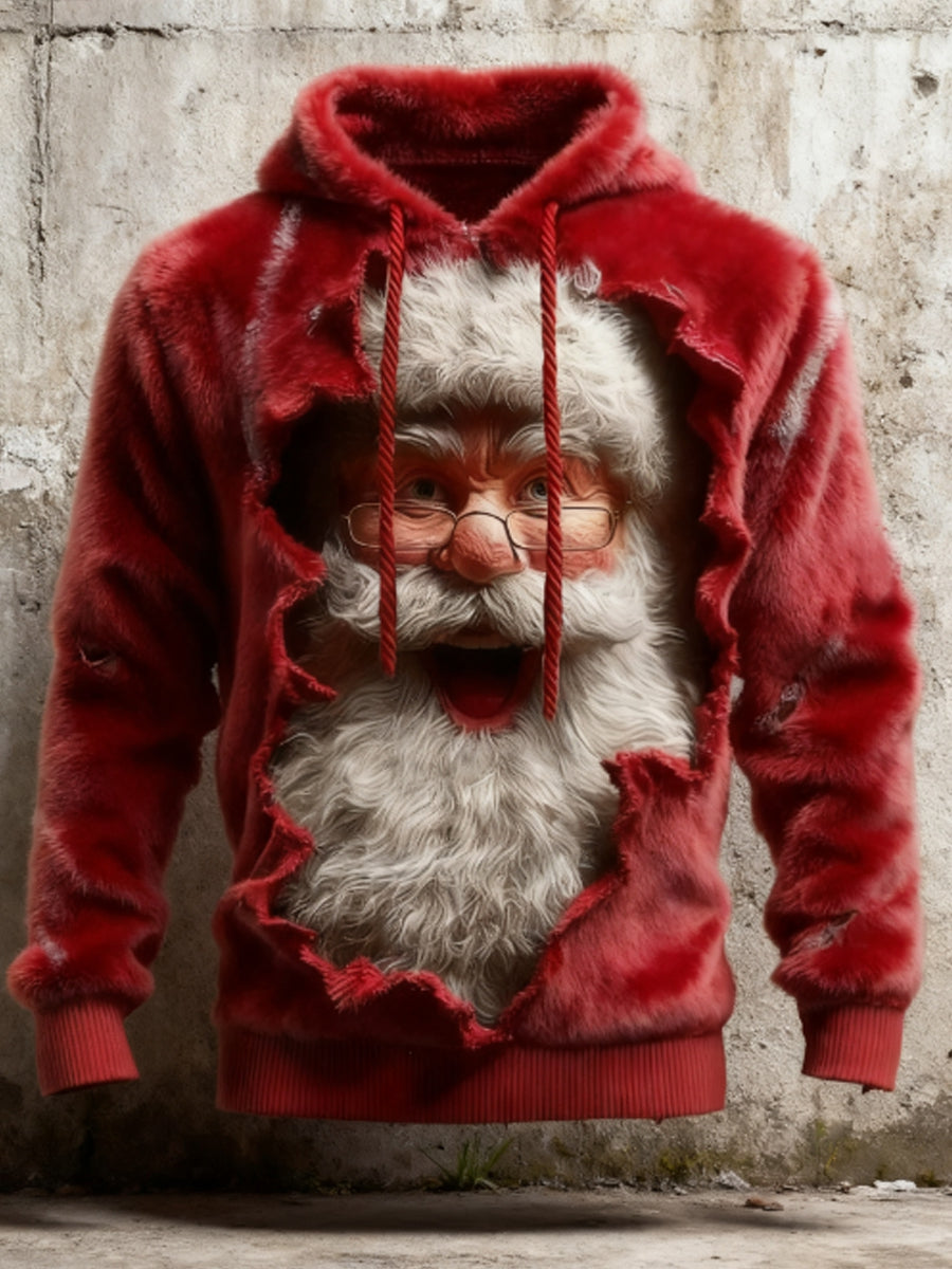 Men's Santa Claus Print Casual Flannel Hoodie Sweatshirt