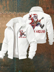 Men's Christmas Rock Santa Claus Print Fur Collar Zip-Up Jacket