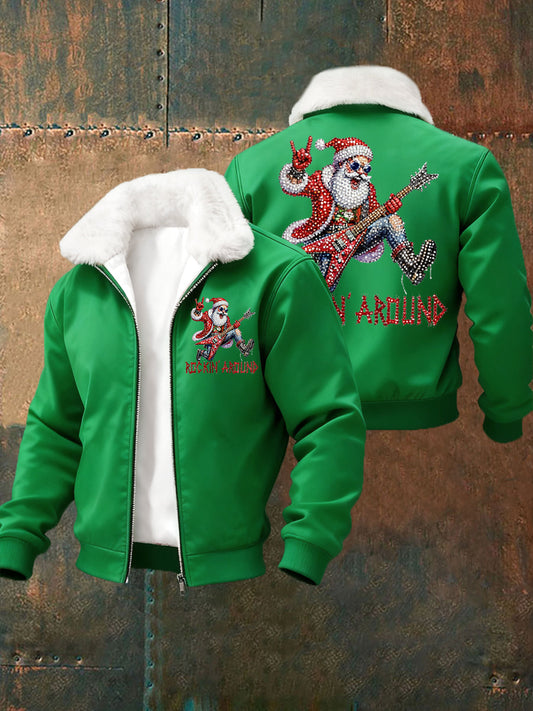 Men's Christmas Rock Santa Claus Print Fur Collar Zip-Up Jacket