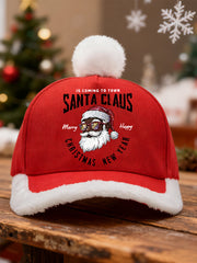 Unisex Christmas Black Santa Claus Print Fluffy Stitching Hat