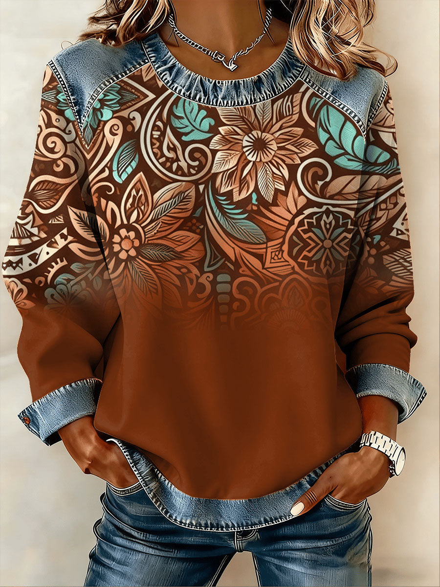 Women's Retro Western Denim Patchwork Top