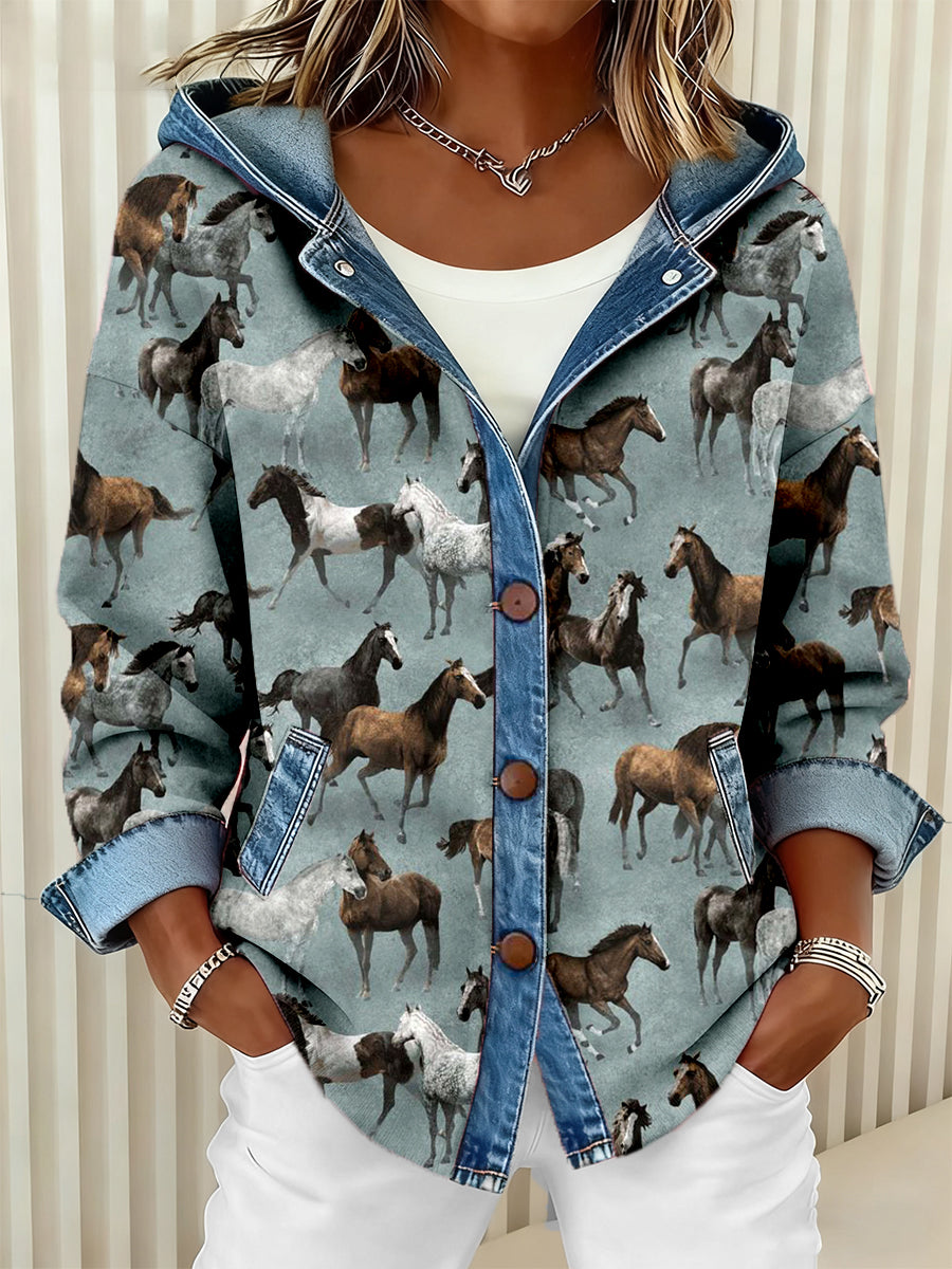 Women's Vintage Horse Art Print Patchwork Hooded Cardigan