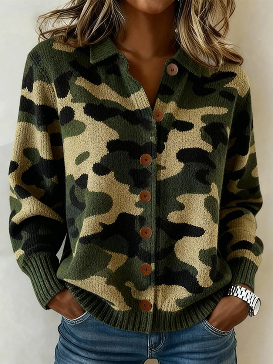 Women's Vintage Camouflage Pattern Cozy Knit Cardigan