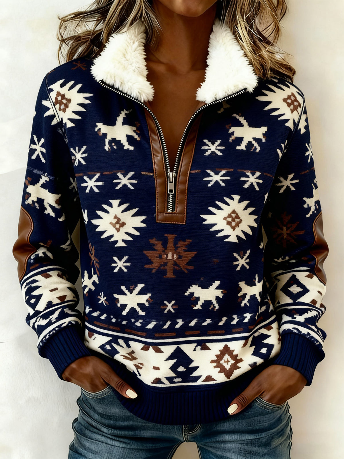 Women's Vintage Western Printed Casual Composite Fleece Hoodie