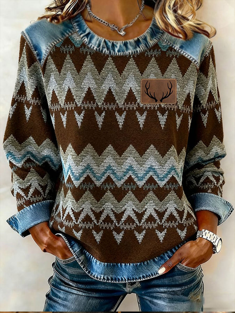 Women's Retro Western Denim Patchwork Top