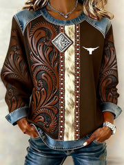 Women's Retro Western Denim Patchwork Top