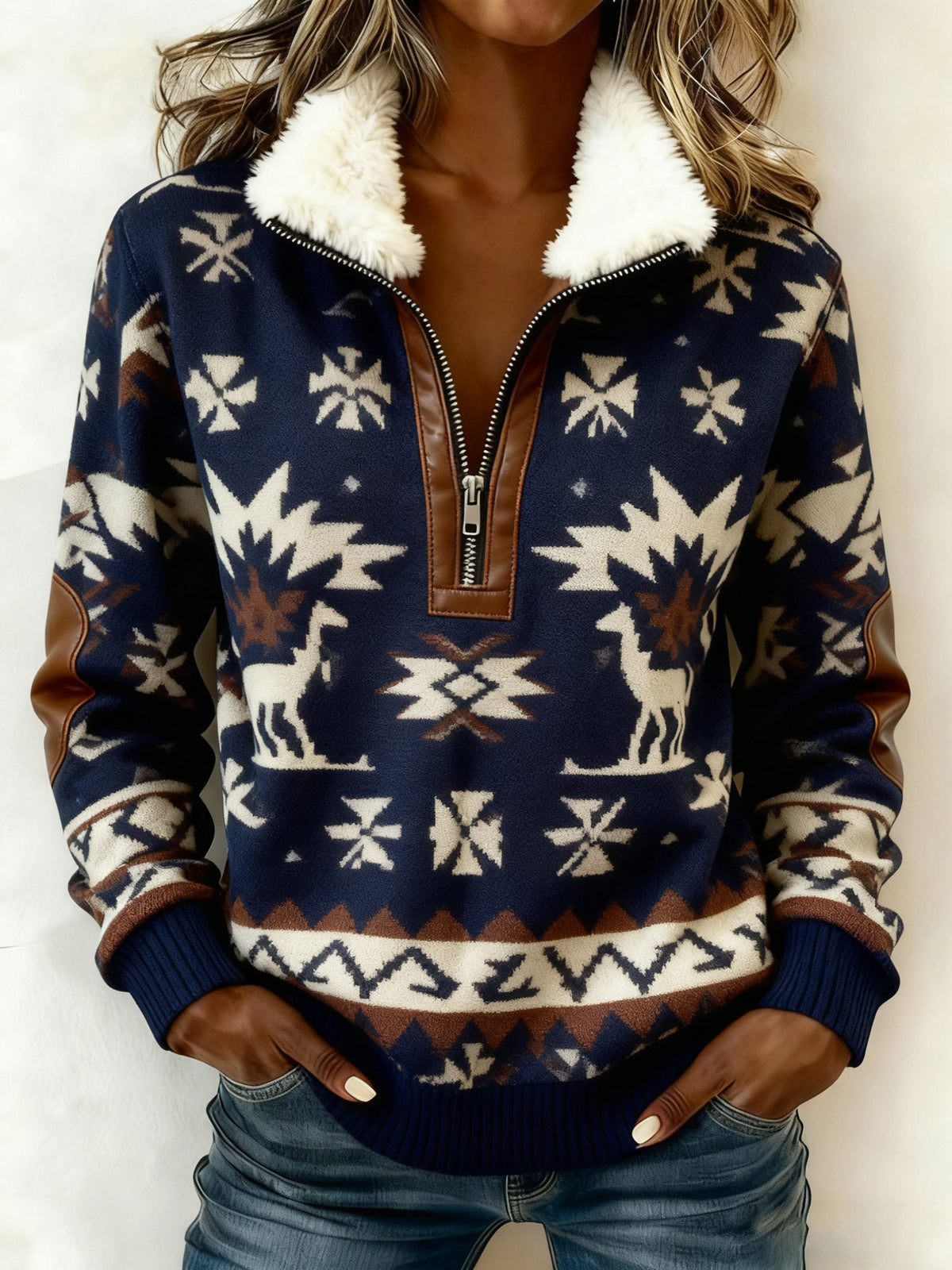 Women's Vintage Western Printed Casual Composite Fleece Hoodie