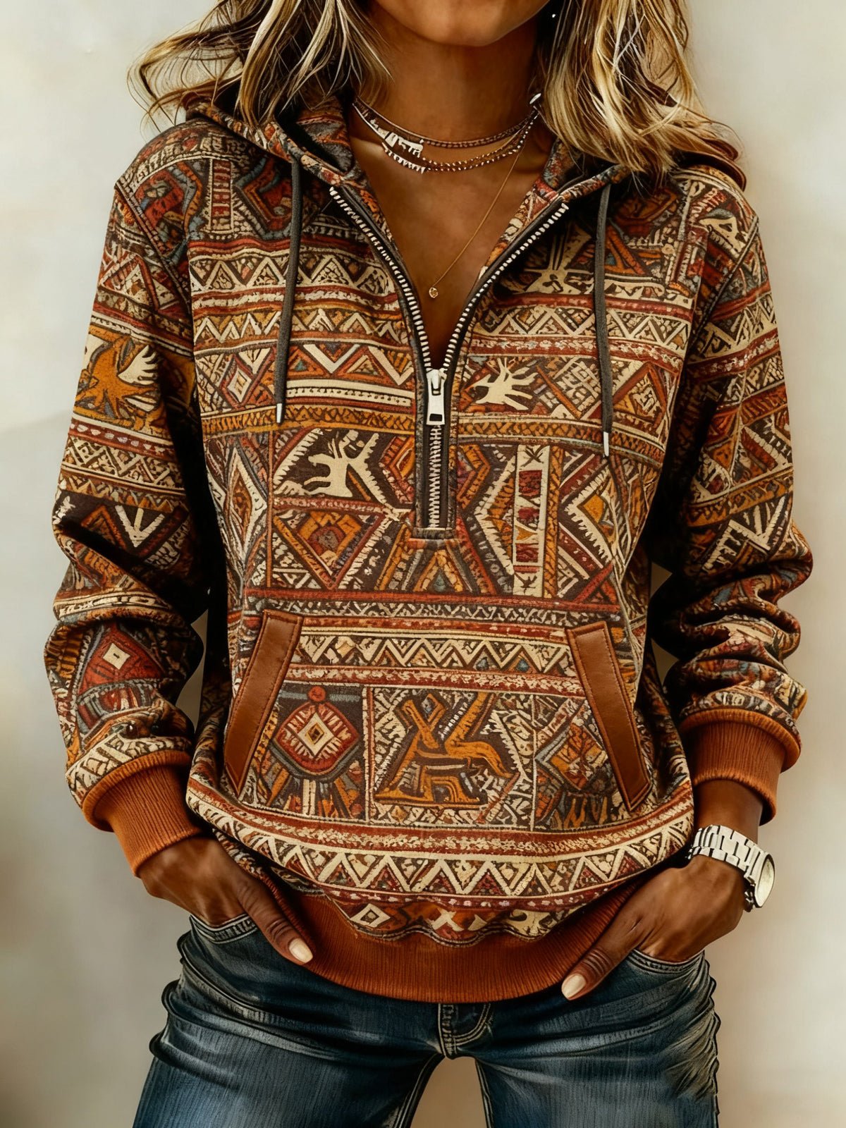 Women's Vintage Western Printed Casual Hoodie