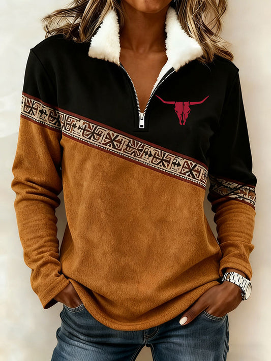 Women's Vintage Western Printed Casual Composite Fleece Hoodie