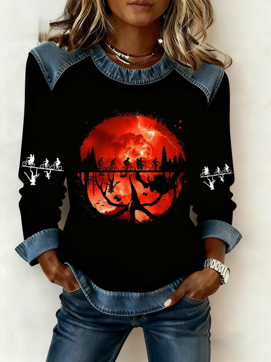 Women's Stranger Things Denim Patchwork Sweatshirt