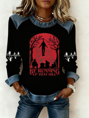 Women's Stranger Things Be Running Up That Hill Denim Patchwork Sweatshirt