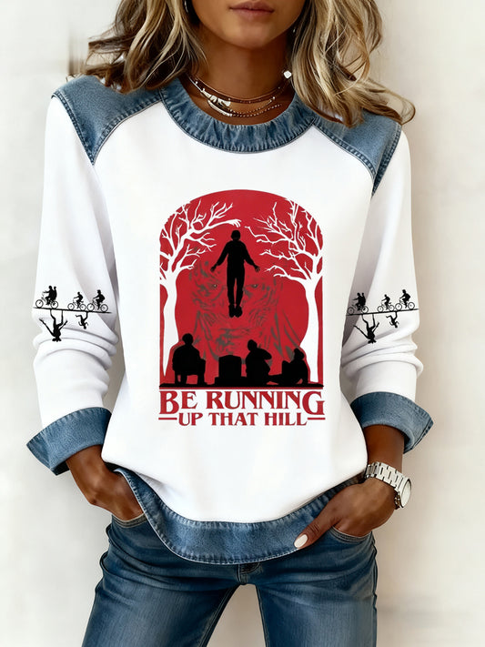 Women's Stranger Things Be Running Up That Hill Denim Patchwork Sweatshirt