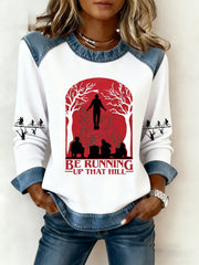 Women's Stranger Things Be Running Up That Hill Denim Patchwork Sweatshirt