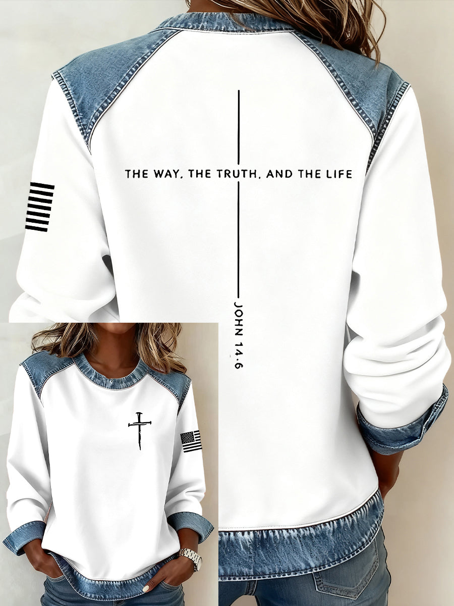 Women's Jesus The Way The Truth The Life John 14:6 Christian Cross Denim Patchwork Top