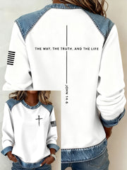 Women's Jesus The Way The Truth The Life John 14:6 Christian Cross Denim Patchwork Top