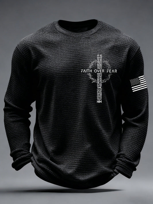 Men's Faith Over Fear Print Casual Waffle Long Sleeve T-Shirt