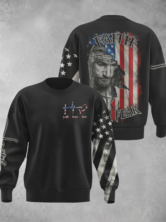 Men's Faith Over Fear Jesus Crack Flag Christian Sweatshirt
