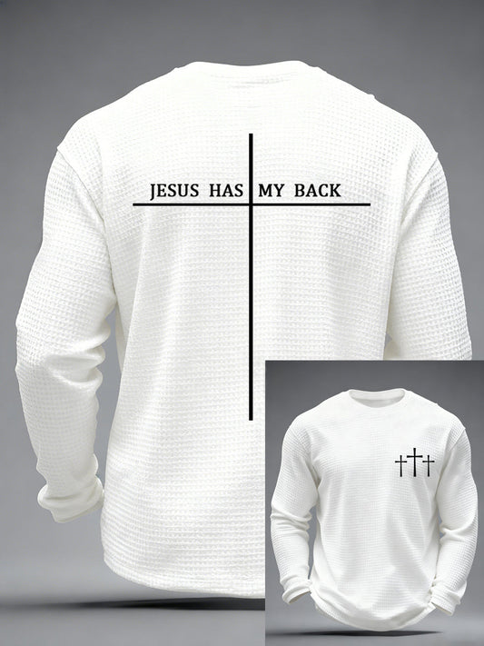 Men's Jesus Has My Back Cross Faith Print Casual Waffle Long Sleeve T-Shirt