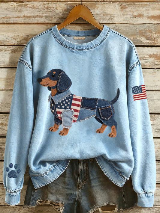 Women's  Flag Inspired Dachshund Dog Denim Patchwork Pattern Sweatshirt