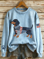 Women's  Flag Inspired Dachshund Dog Denim Patchwork Pattern Sweatshirt