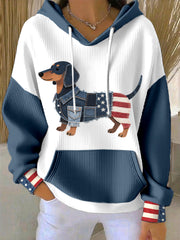 Women's  Flag Inspired Dachshund Denim Patchwork Pattern Hoodie