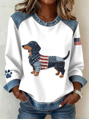 Women's  Flag Inspired Dachshund Dog Pattern Denim Patchwork Sweatshirt