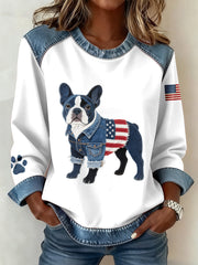 Women's  Flag Inspired French Bulldog Pattern Denim Patchwork Sweatshirt