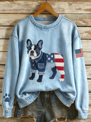 Women's  Flag Inspired French Bulldog Denim Patchwork Pattern Sweatshirt