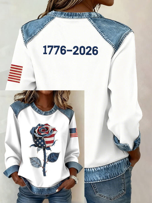 Women's  Flag Inspired Rose Pattern Denim Patchwork Sweatshirt