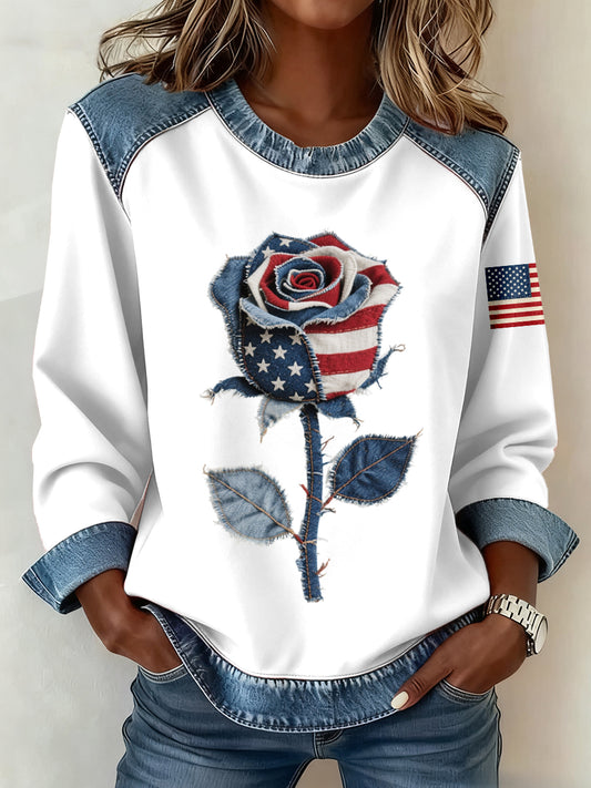 Women's  Flag Inspired Rose Pattern Denim Patchwork Sweatshirt