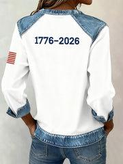 Women's  Flag Inspired Rose Pattern Denim Patchwork Sweatshirt