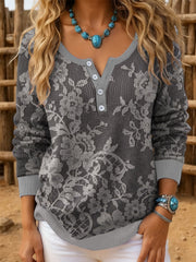 Women‘s Vintage Western Lace Print Long SleeveTop