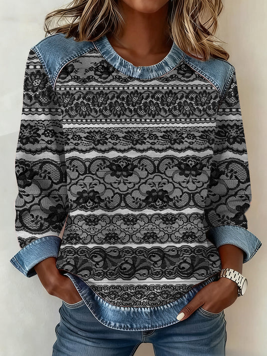 Women‘s Vintage Western Lace Print Denim Patchwork Top