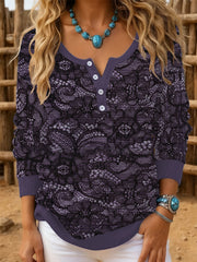 Women‘s Vintage Western Lace Print Long SleeveTop