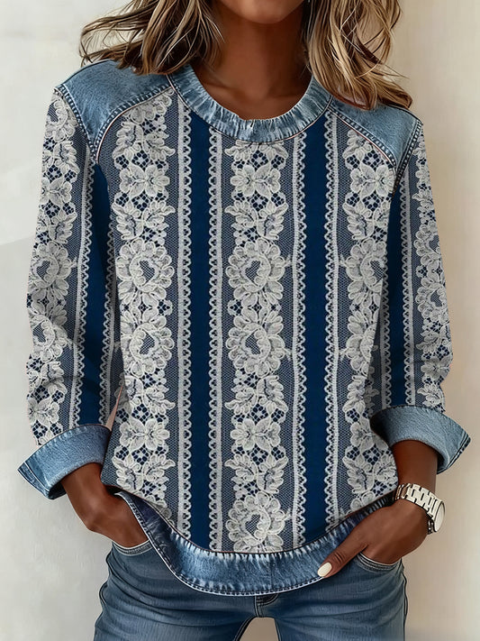 Women‘s Vintage Western Lace Print Denim Patchwork Top