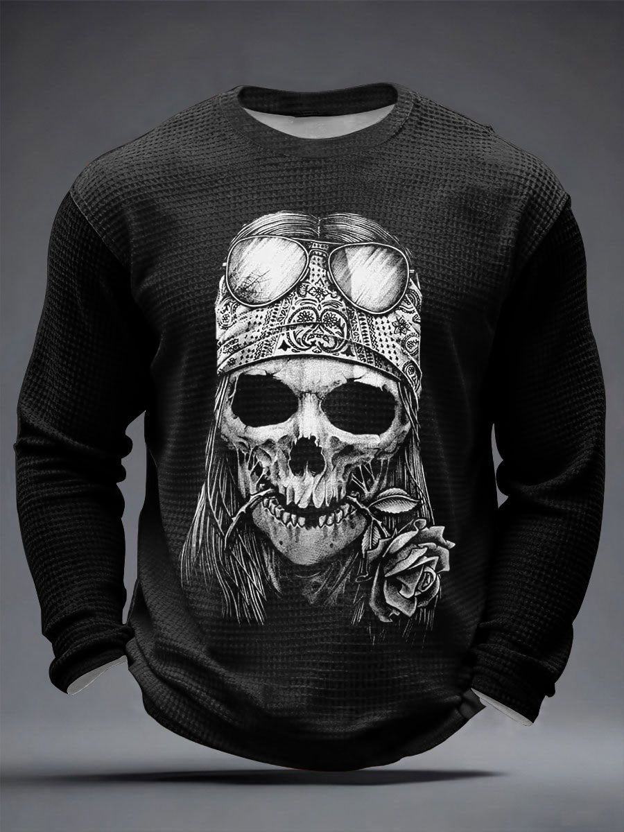 Men's Rock Skull Print Waffle Long Sleeve T-Shirt