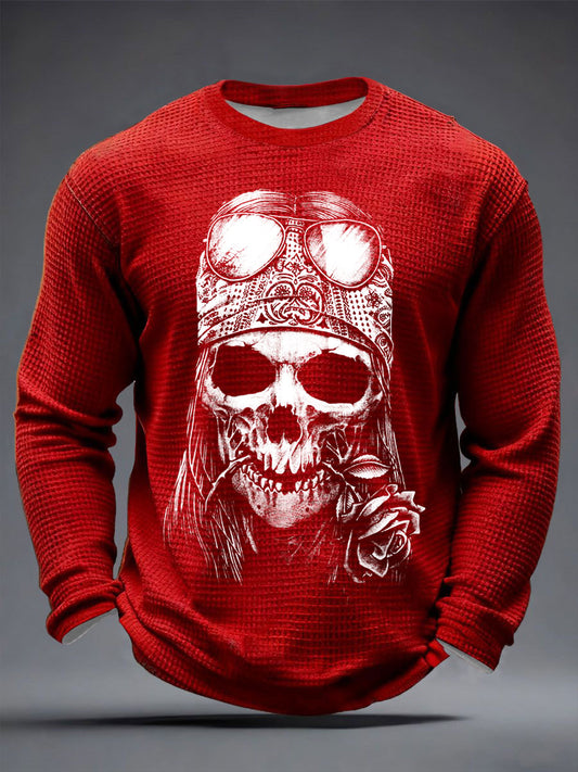 Men's Rock Skull Print Waffle Long Sleeve T-Shirt
