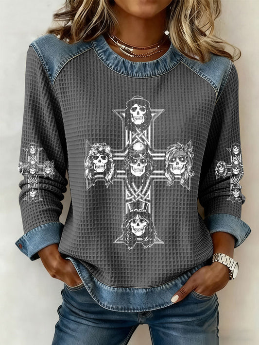 Women's Rock Print Denim Patchwork Top